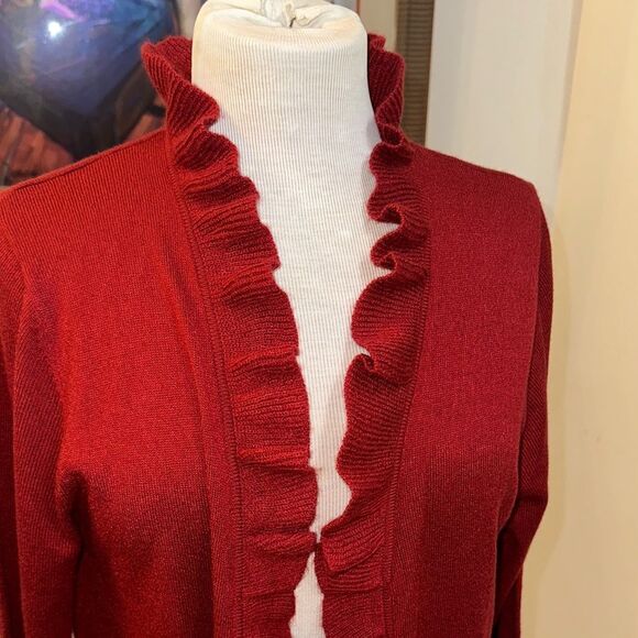Travel Smith Red Ruffled Open Long Cardigan Sweater Size XL - Picture 3 of 13